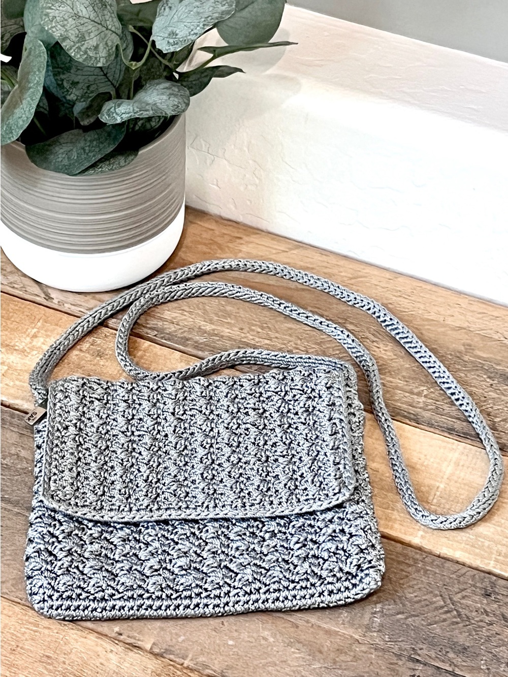 The Sak Vintage Crochet Flap Crossbody Bag Metallic Silver Grey